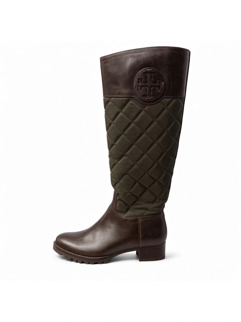 Tory Burch Rowan Quilted Riding Boots Green/Brown Leather